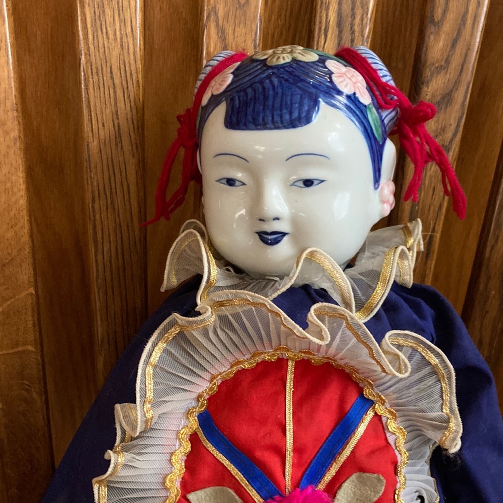 Chinese 24" Porcelain Blue/White Head Cloth Body Vintage Doll  Collectible